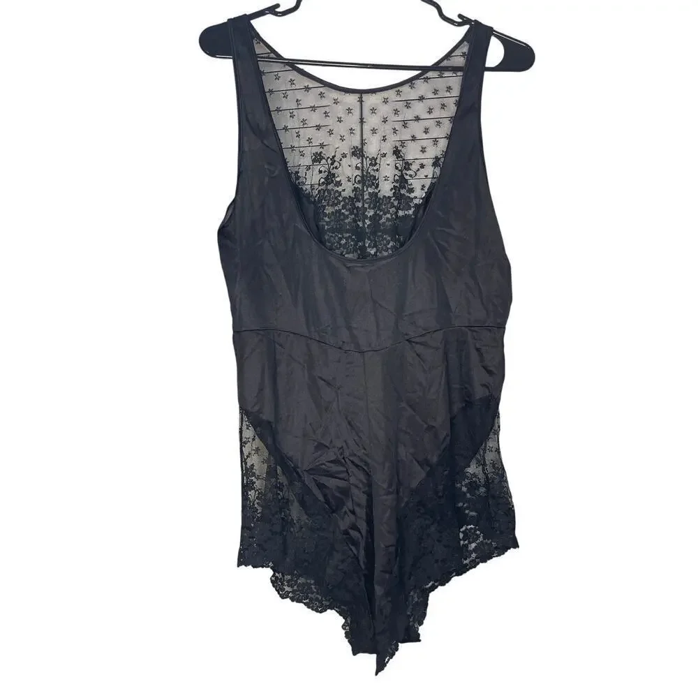 Vintage JCPenny Black Lace Teddy Lingerie Bodysuit Romper Women's Size Large